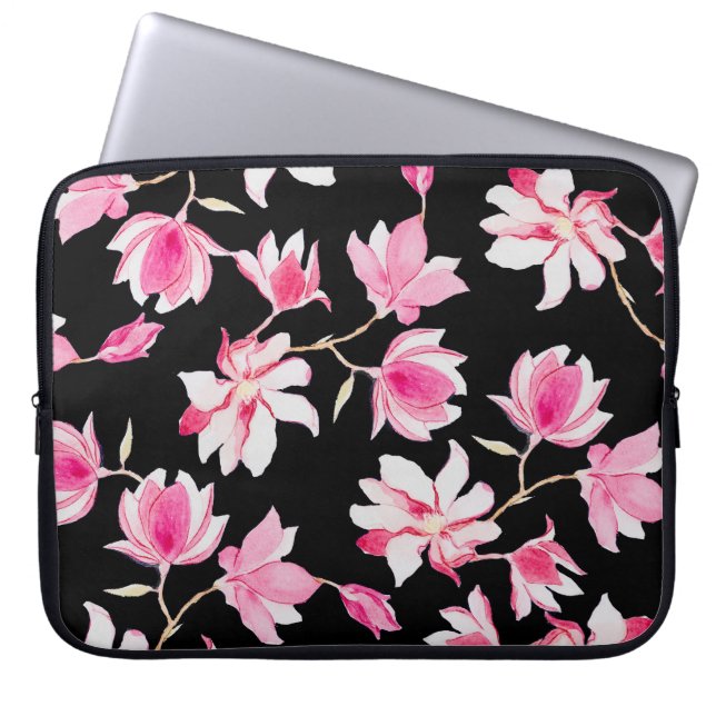 Romantiska Magnolia: Svart vattenfärg Laptop Fodral (Framsidan)