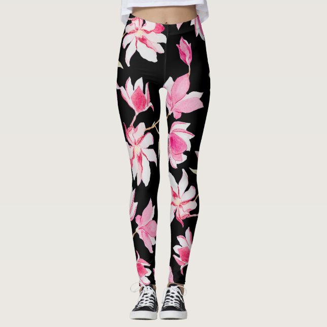 Romantiska Magnolia: Svart vattenfärg Leggings (Framsida)