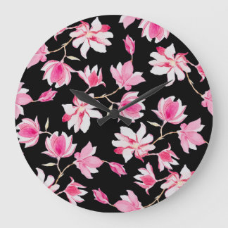 Romantiska Magnolia: Svart vattenfärg Stor Klocka