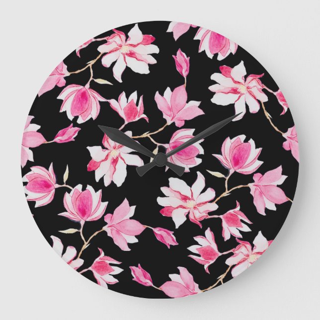 Romantiska Magnolia: Svart vattenfärg Stor Klocka (Framsida)