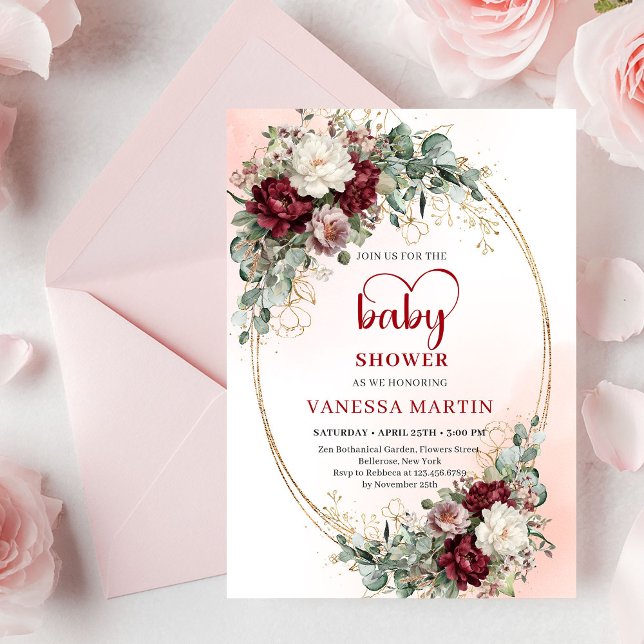 Romantiska Marsala Blommor Hjärtformad Font Bebis  Inbjudningar (Romantic Marsala Flowers Heart-Shaped Font Baby Shower Invite)