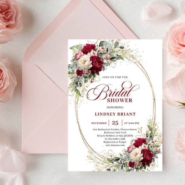 Romantiska Merlot Rosor Guld Bröllopsfest Inbjudan (Romantic Merlot Roses Gold Bridal Shower Invitation)