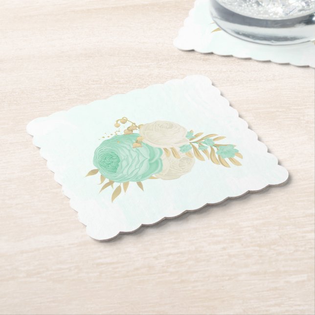 Romantiska mintgröna och vita blommor guld  underlägg papper (Vinklad)