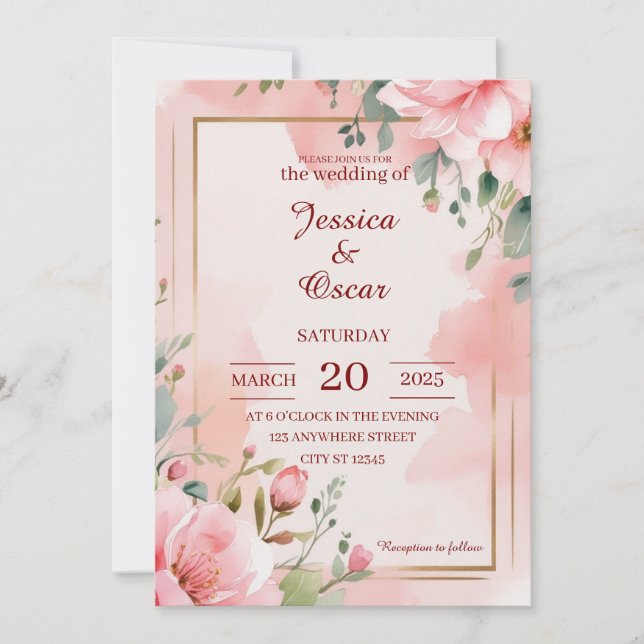 Romantiska mjuka rosa akvarellblommor bröllop inbjudningar (Framsida)