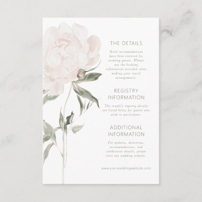 Romantiska mjuka rosafärgade Peony-bröllopsdetalje Tilläggskort (Framsida)