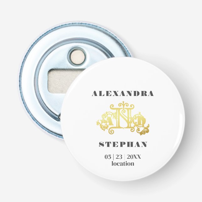 Romantiska Monogram Guld Bröllop Flasköppnare (Framsidan)