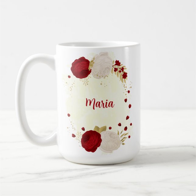 Romantiska mörkröda och vita blommor bröllop kaffemugg (Vänster)