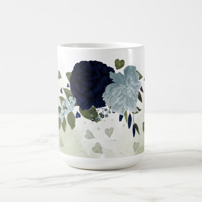 Romantiska navy & dammiga blå blommor grönska kaffemugg (Center)