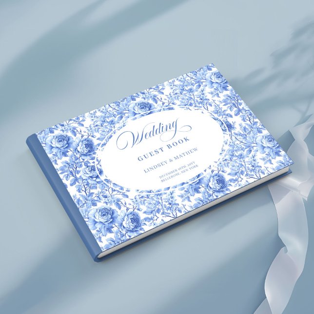 Romantiska Navy Rosor Blommig Toile Gästbok (Romantic Navy Roses Floral Toile Guest Book)