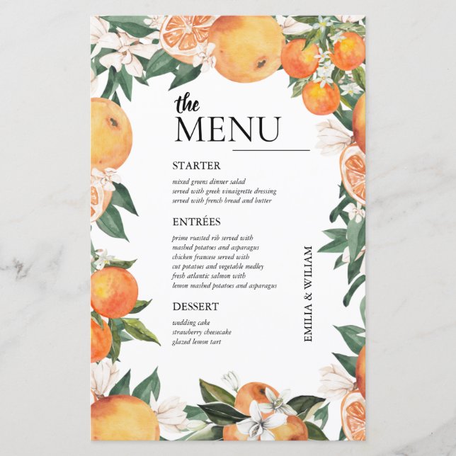 Romantiska Orangarna Bröllop Bord Menu (Framsida)