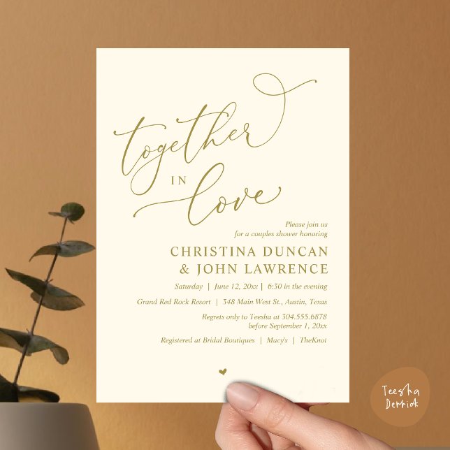 Romantiska Par Shower Party, tillsammans i Kärlek Inbjudningar (Together in Love, Romantic Couples Shower Party Invitation Card PDF modern minimalist yellow gold)