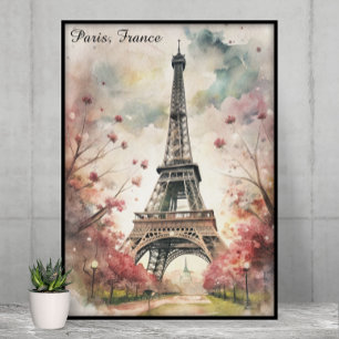 Romantiska Paris Eiffeltornet Akvarell Blommor Poster