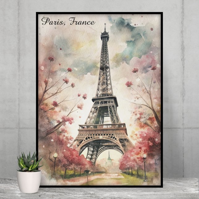 Romantiska Paris Eiffeltornet Akvarell Blommor Poster (Romantic Paris Eiffel Tower Watercolor Floral Poster)