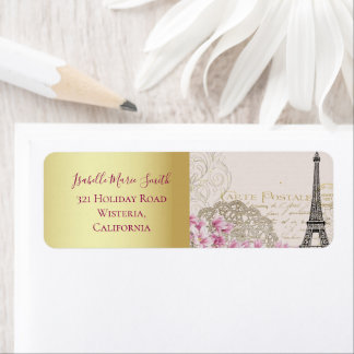 Romantiska Paris Eiffeltornet Rosa Blommor Guld Returadress Etikett