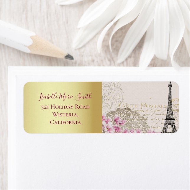 Romantiska Paris Eiffeltornet Rosa Blommor Guld Returadress Etikett (Insitu)