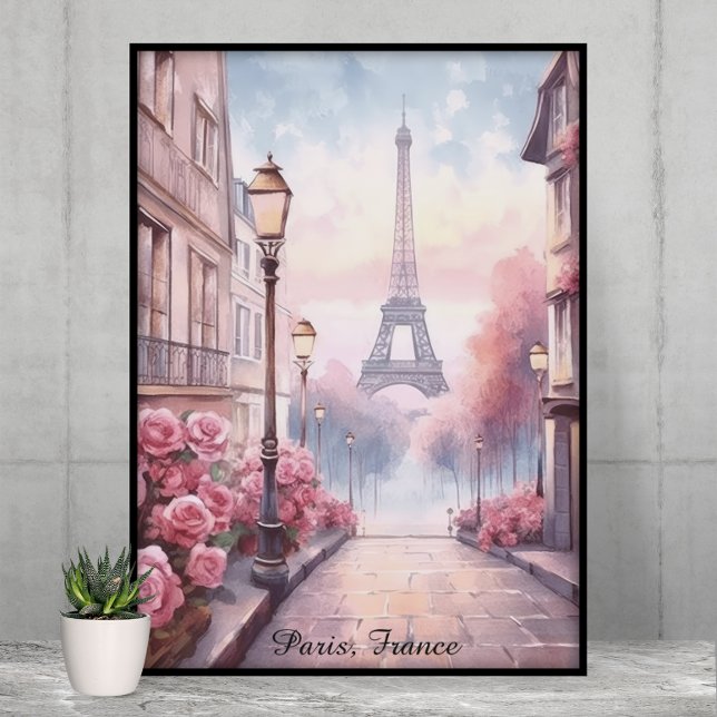 Romantiska Paris Frankrike – Eiffeltornet Blommor Poster (Romantic Paris France – Eiffel Tower Floral Poster)