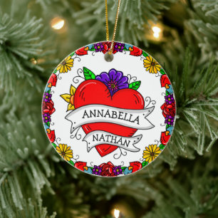 Romantiska pars gåva   Tattoo Stil Art Julgransprydnad Keramik