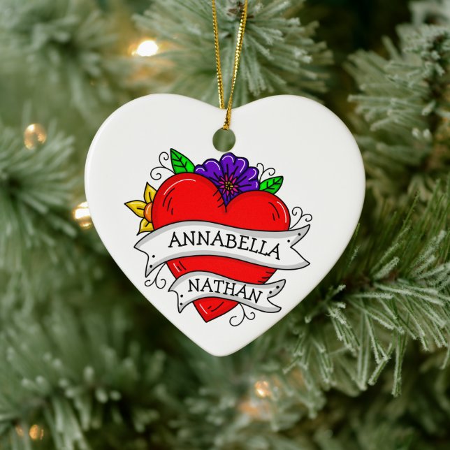 Romantiska pars gåva | Tattoo Stil Art Julgransprydnad Keramik (Träd)