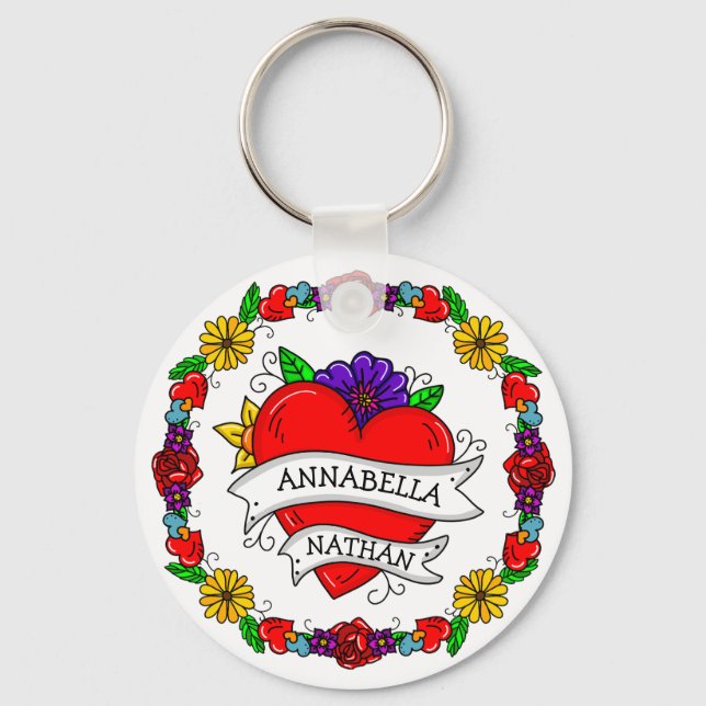 Romantiska pars gåva | Tattoo Stil Art Nyckelring (Framsida)