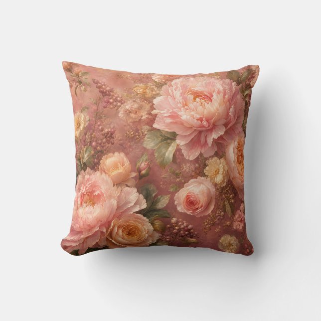 Romantiska pastellrosa peonior & rosor botaniska  kudde (Framsida)