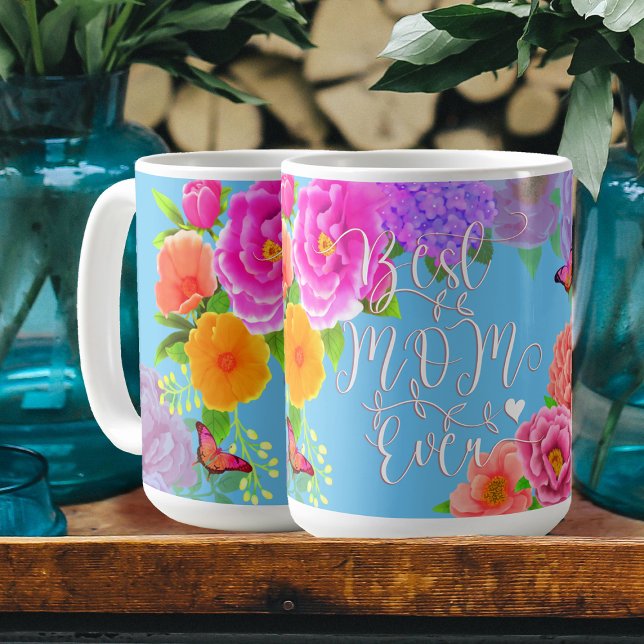 Romantiska Peonies Trädgård Blå Bästa Mamma Kaffemugg (Personalized Best Mom Ever Peonies Blue Coffee Mug. )