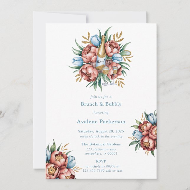 Romantiska peonies & Tulips Brunch & Bubly Inbjudningar (Framsida)