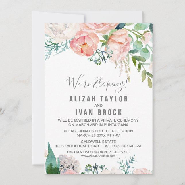 Romantiska Peonyblommor Elopement Mottagning Inbjudningar (Framsida)