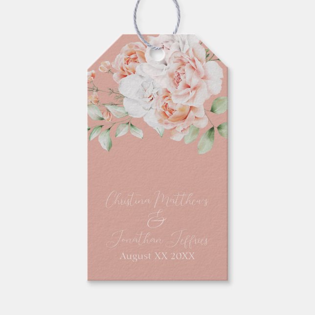 Romantiska persika- och vita blommor presentetikett (Framsidan)