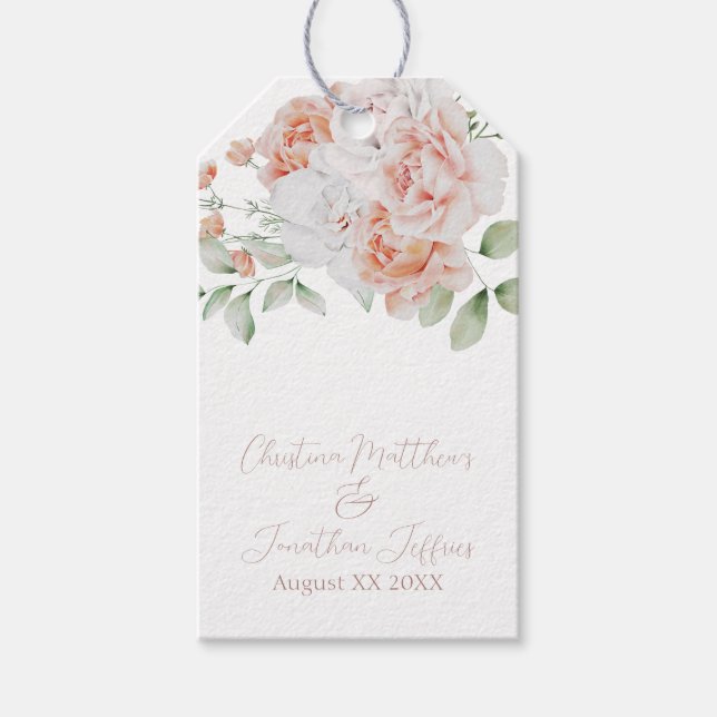 Romantiska persikor och vita vattenfärgsblommor presentetikett (Framsidan)