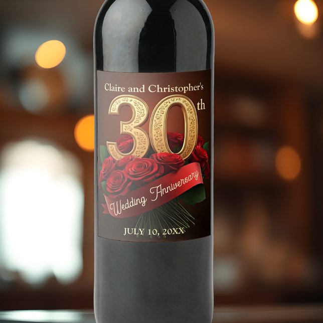 Romantiska Röd ros Guld 30:e Bröllop-årsdagen Vinflaska Etikett (Skapare uppladdad)