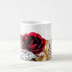Romantiska röd ros och vita snöre kaffemugg