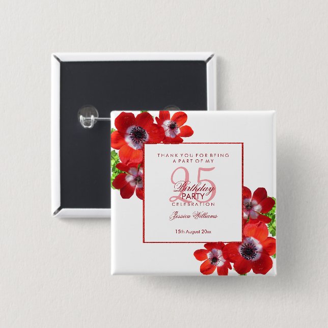 Romantiska röda anemoneblommor 25-årsdag knapp (Framsida & baksida)