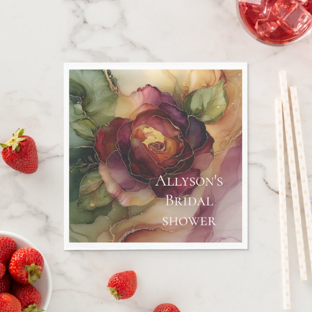 Romantiska röda Burgundy Ro Guld Blommigt Bröllop Pappersservett (Insitu)