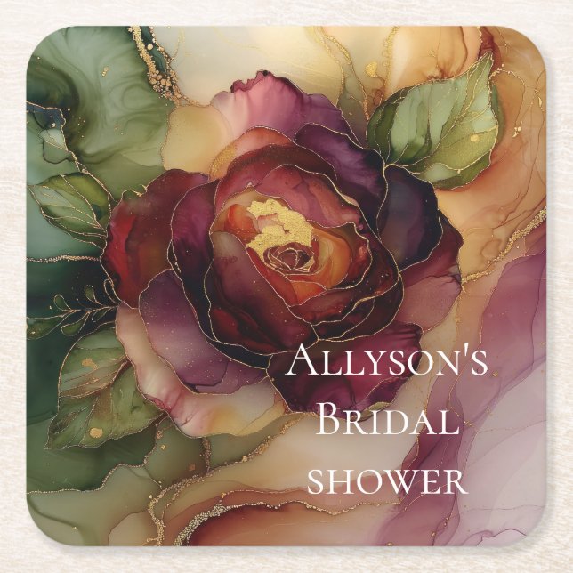 Romantiska röda Burgundy Ro Guld Blommigt Bröllop Underlägg Papper Kvadrat (Framsidan)