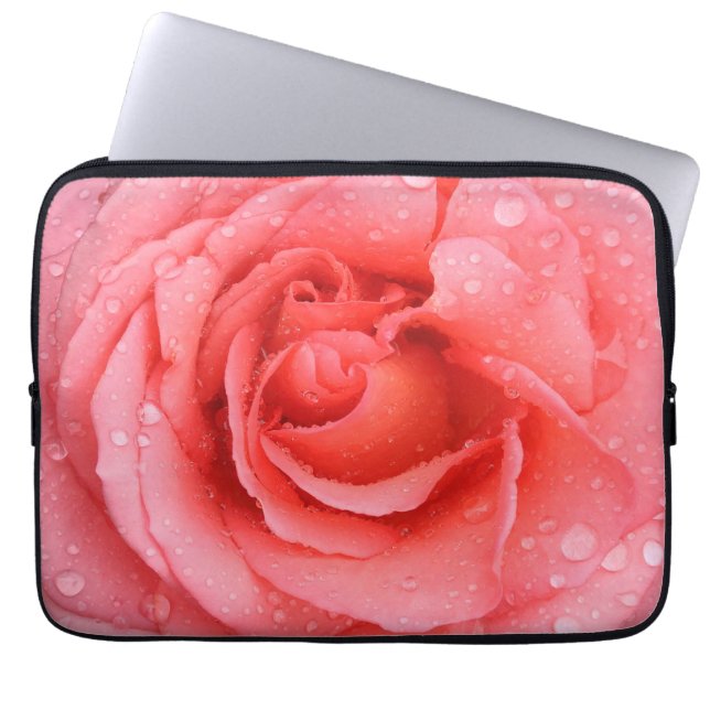 Romantiska röda rosa rosenvattendroppar laptop sleeve (Framsidan)