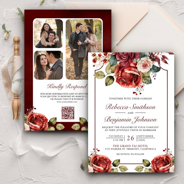 Romantiska Röda Rosor Blommig QR-kod Foto Bröllop Inbjudningar (Skapare uppladdad)