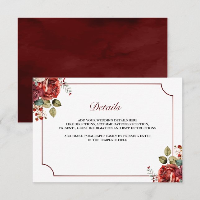 Romantiska röda rosor Blommiga bröllopsdetaljer Tilläggskort (Fram/baksida)
