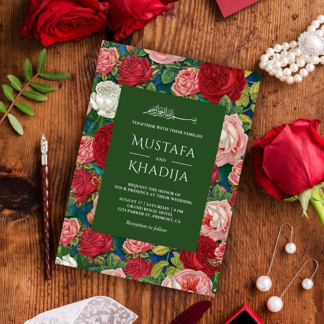 Romantiska röda rosor Blommönster Islamisk bröllop Inbjudningar (Skapare uppladdad)