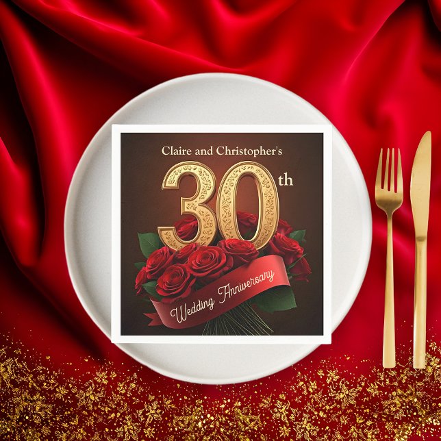 Romantiska röda rosor guld 30-års bröllopsjubileum pappersservett (Skapare uppladdad)