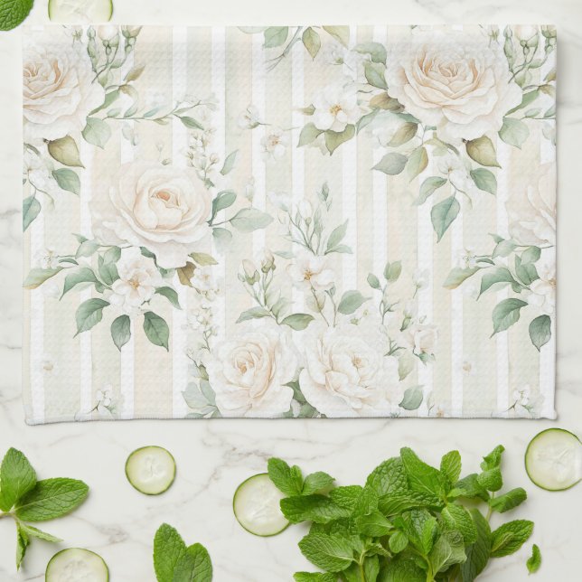 Romantiska Röda Vita Rosor Blommiga Ränder   Kökshandduk (Vikta)