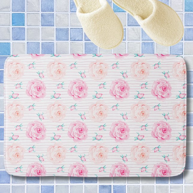 Romantiska rosa akvarellpastellrosor med ränder badrumsmatta (romantic plush pink rose buds on blue gray tiling)