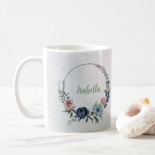 Romantiska rosa blå blommor grönska kaffemugg