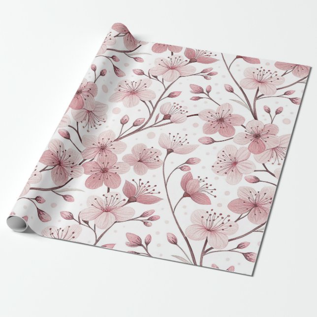 Romantiska rosa blommande grenar vit blomster presentpapper (Utrullad)