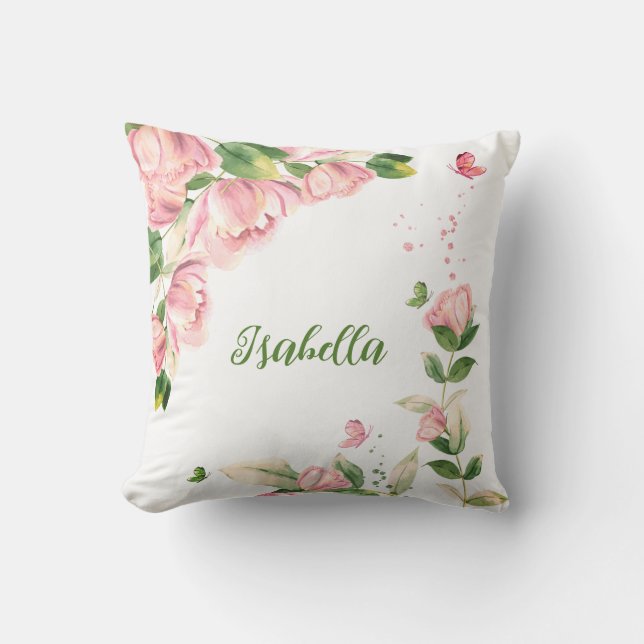 Romantiska rosa blommor fjärilar  kudde (Framsida)