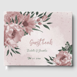 romantiska rosa blommor och grönt löv bröllop gästböcker