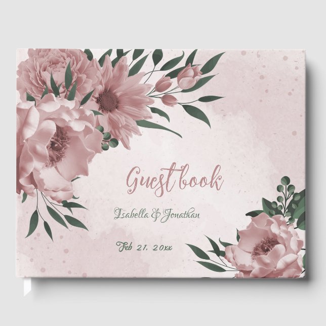 romantiska rosa blommor och grönt löv bröllop gästböcker (Framsida)