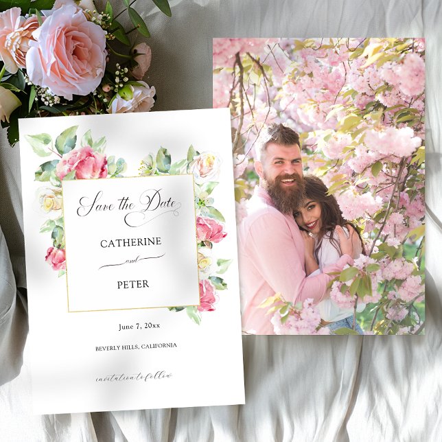 Romantiska Rosa/Elfenbensvita Akvarellrosor Bröllo Spara Datumet (Skapare uppladdad)