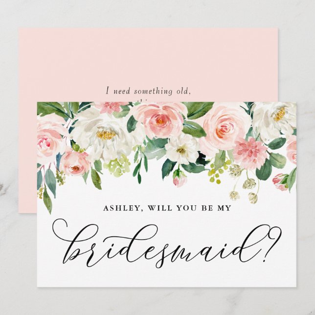 Romantiska Rosa Flowers blir min bridesmaid Inbjudningar (Fram/baksida)