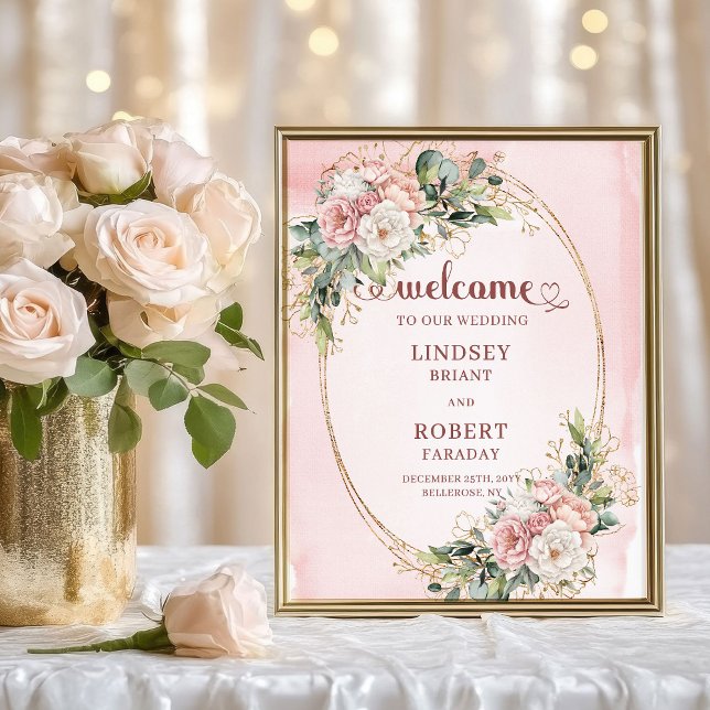 Romantiska Rosa Guld Blommor Grönska Bröllop Välko Poster (Romantic Rose Gold Flowers Greenery Wedding Welcome)