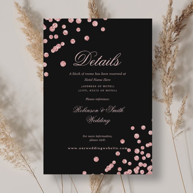 Romantiska Rosa Guld Konfetti Bröllopsdetaljer Sva Tilläggskort (Romantic Rose Gold Confetti Wedding Details Black Enclosure Card)